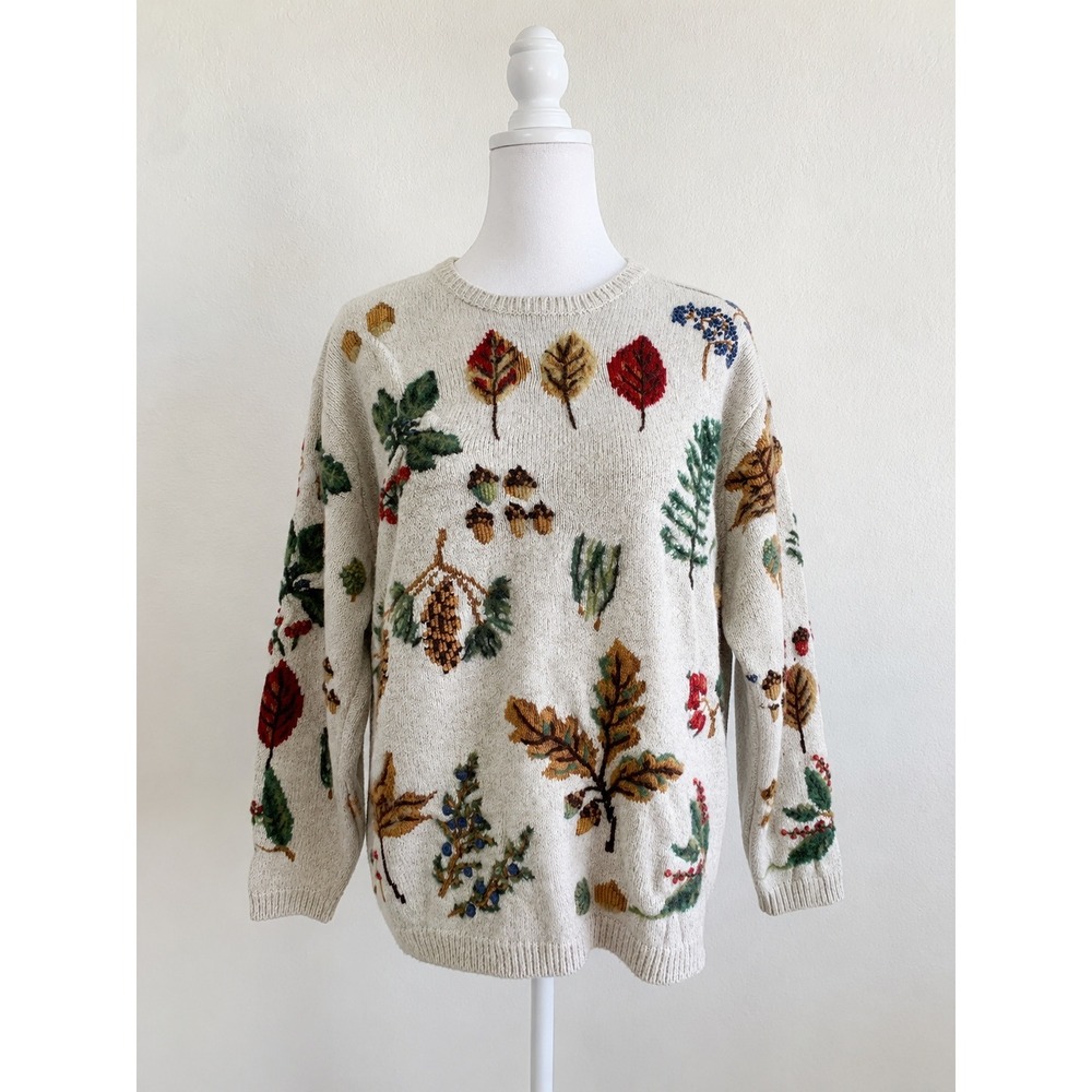 Talbots Petites Vintage Fall Embroidered Sweater Beige Oatmeal Classic Preppy